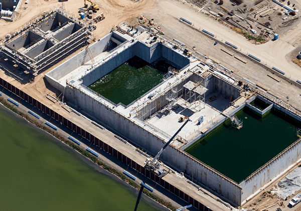 Sacramento Regional County Sanitation District aerial photo of Echo Water Nitrifying Sidestream project site, next to river